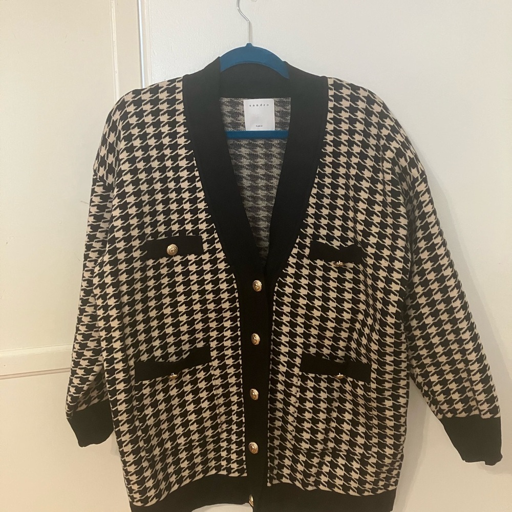 Sandro Chic Black and Cream White Houndstooth Cardigan Oversized Classy